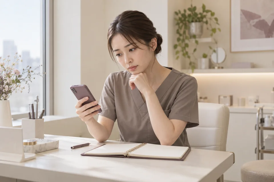 スマートフォンと手帳で予約を確認する施術者のイメージ