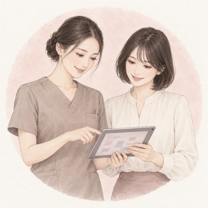 施術者と医療機関スタッフが一緒に予定を確認するイラスト